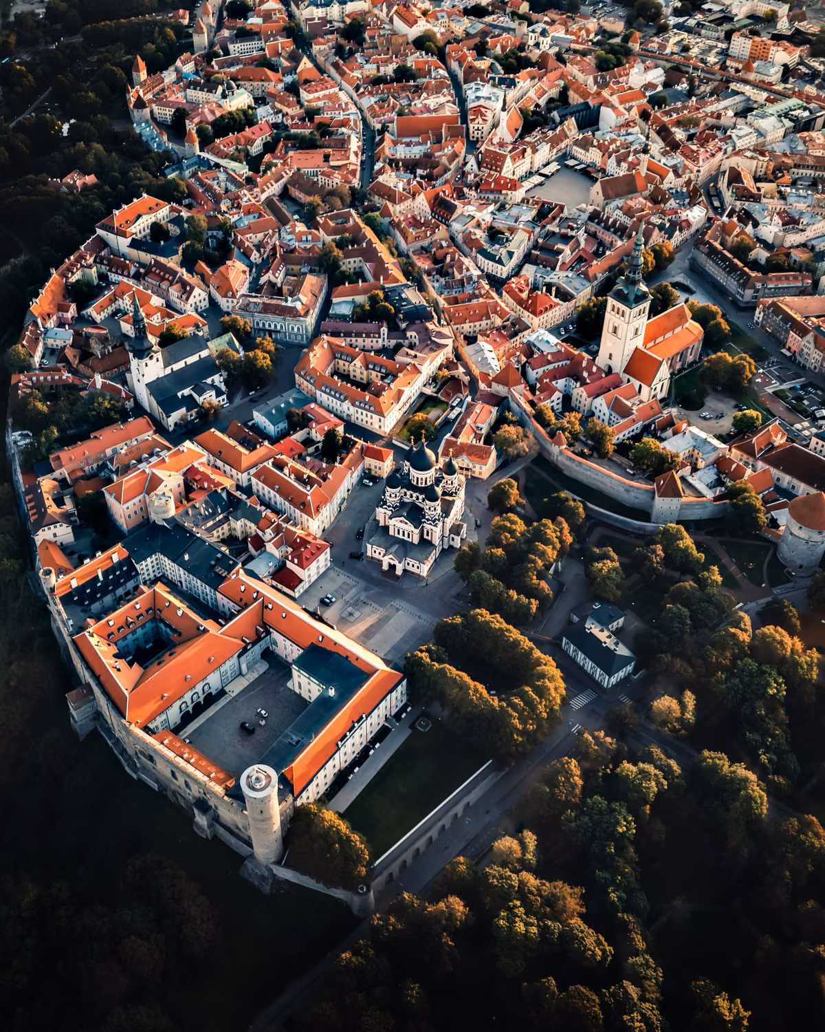 Aerial view of Tallinn Old Town at golden hour